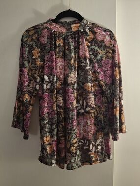 Kate Park Floral Mock Neck Women’s Blouse - Pink & Mustard Floral